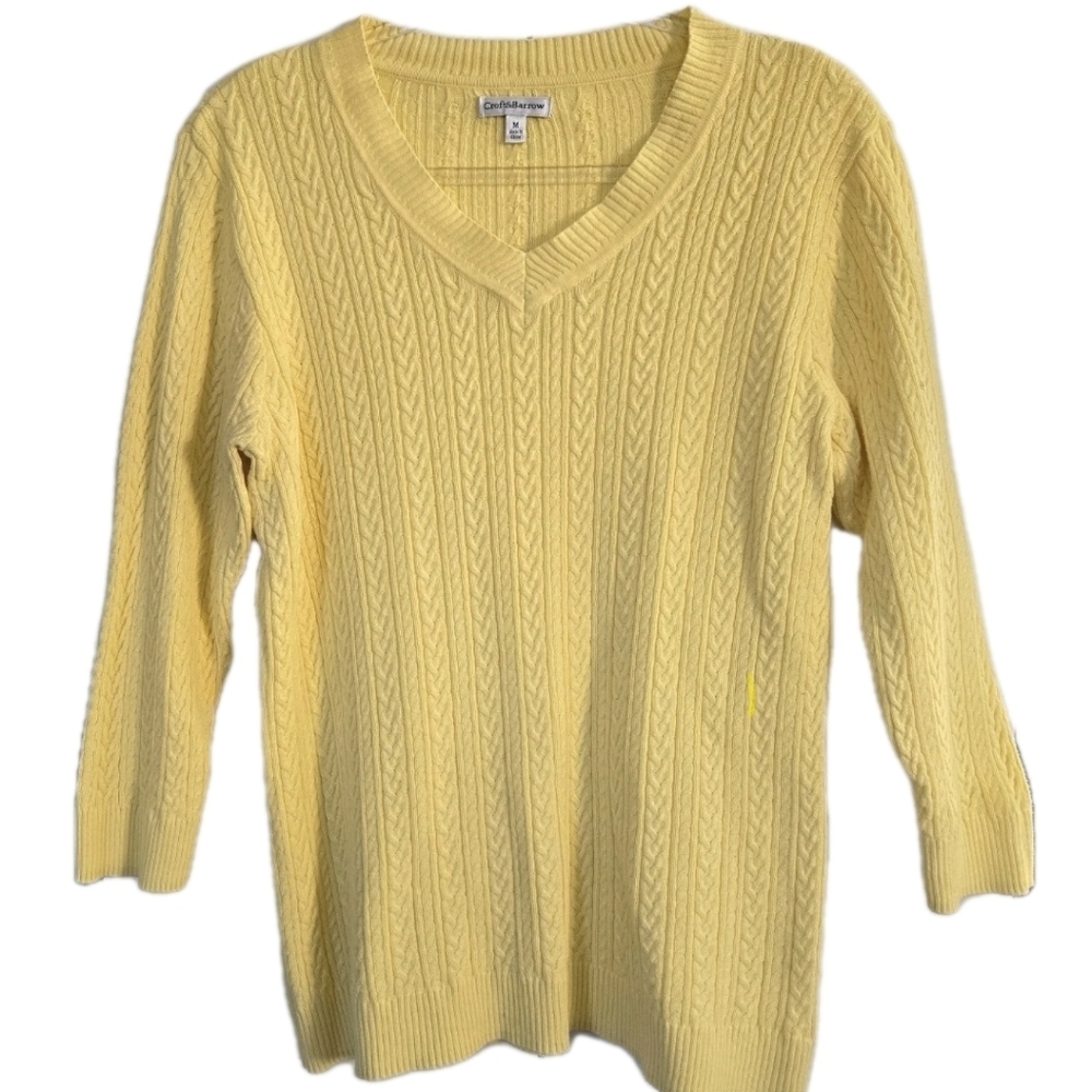 Croft & Barrow Pullover Cable Knit V Neck Top Size M Bright Yellow Preppy Flaws